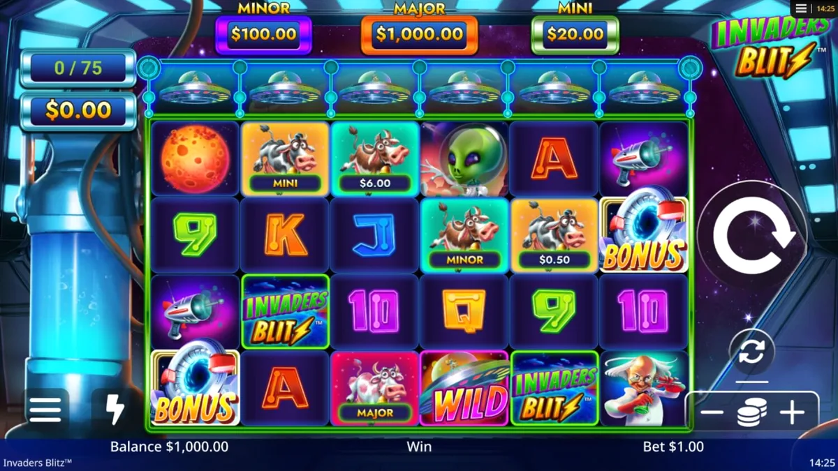 Tampilan visual slot Invaders Blitz dengan tema alien dan sapi luar angkasa