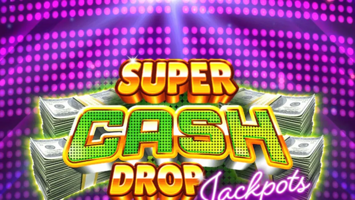 Tampilan visual slot Super Cash Drop Jackpots dengan tema brankas neon dan elemen cyberpunk.